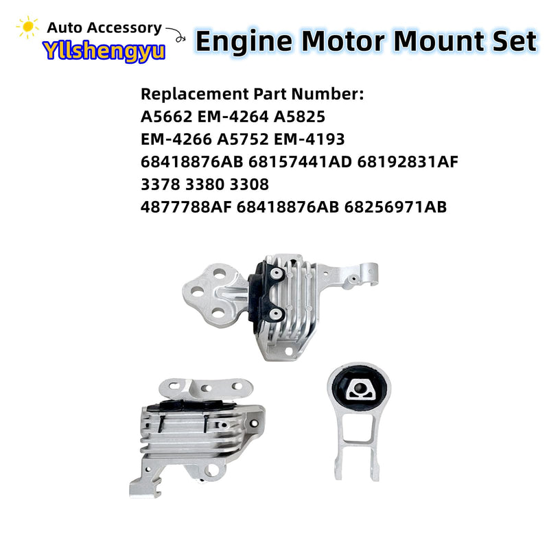 3Pcs Engine Motor Mount Kit Compatible with Cherokee 2014-2019 2.4L Fits for Chrysler 200 2015-2017 2.4L Replacement for A5844 A5752 A5825 3378 3380 3308 68192831AF 68418876AB 68157441AD