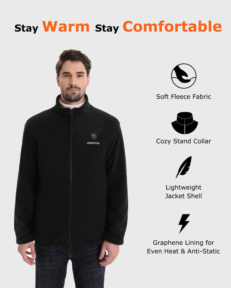 Venustas Mens Heated Jacket, Fleece with Battery Pack 7.4V, Premium Zippers (Black, S) - Like New