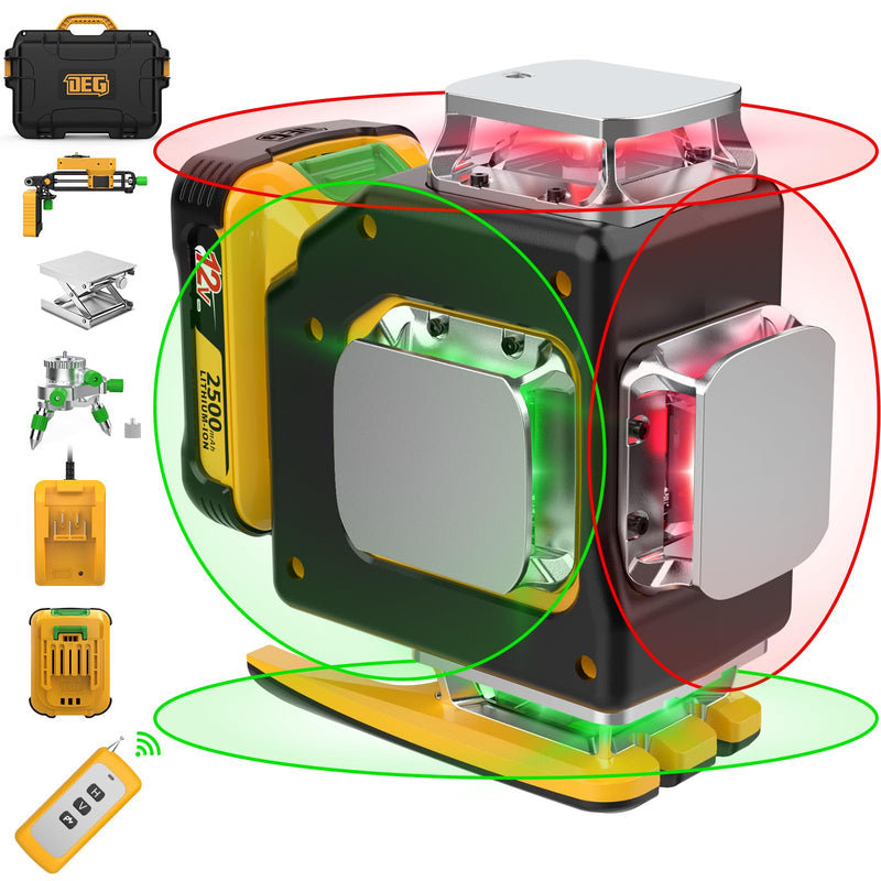 Laser Level,DEGLASERS Red/Green 4x360° Cross Line laser level with 12V Rechargeable Battery, Remote Controller, Magnetic Rotating Stand for Construction and Picture Hanging - Like New