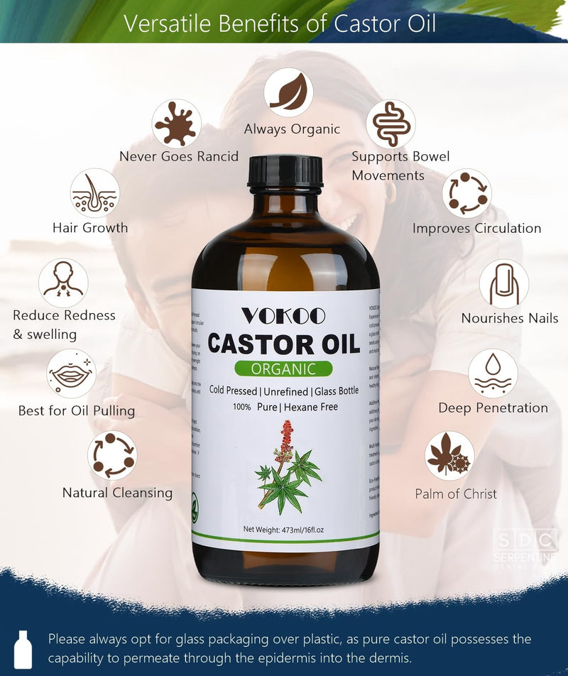 ORGANIC Castor Oil Cold Pressed Unrefined Glass Bottle Wellness 16 Fl Oz NEW