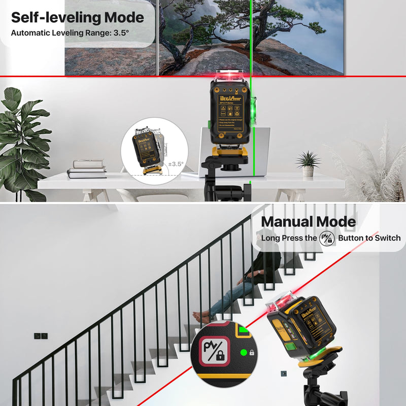 Laser Level,DEGLASERS Red/Green 4x360° Cross Line laser level with 12V Rechargeable Battery, Remote Controller, Magnetic Rotating Stand for Construction and Picture Hanging - Like New