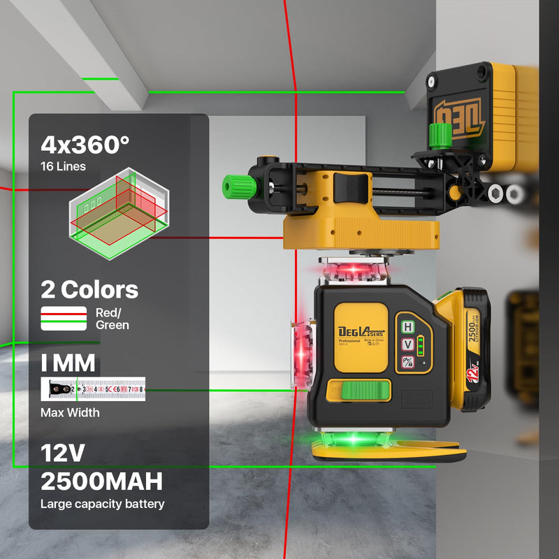 Laser Level,DEGLASERS Red/Green 4x360° Cross Line laser level with 12V Rechargeable Battery, Remote Controller, Magnetic Rotating Stand for Construction and Picture Hanging - Like New