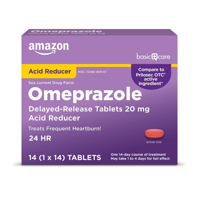 Amazon Basic Care Omeprazole Delayed Release Tablets 20 mg, Treats Frequent Heartburn, Acid Reducer, Heartburn Medicine, 42 Count (Pack of 1) (Packaging may vary)