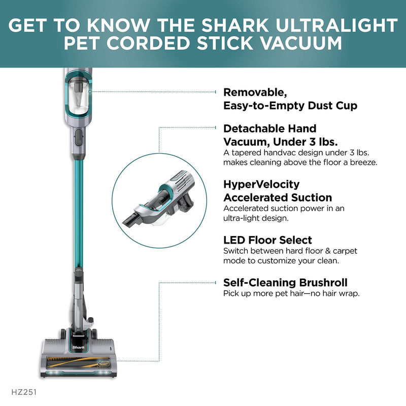 Shark HZ251 Ultralight Corded Stick Self-Cleaning Brushroll, Perfect, Converts to Hand Vacuum, LED Headlights, - Pet Crevice & Upholstery Tools, Teal.32 Quarts Capacity - Like New