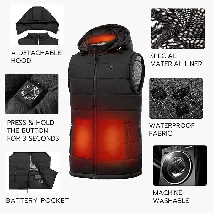 SAILWIND Men's Lightweight Heated Vest Smart Electric Rechargeable Jacket With Removable Hood (Black,XL) - Like New