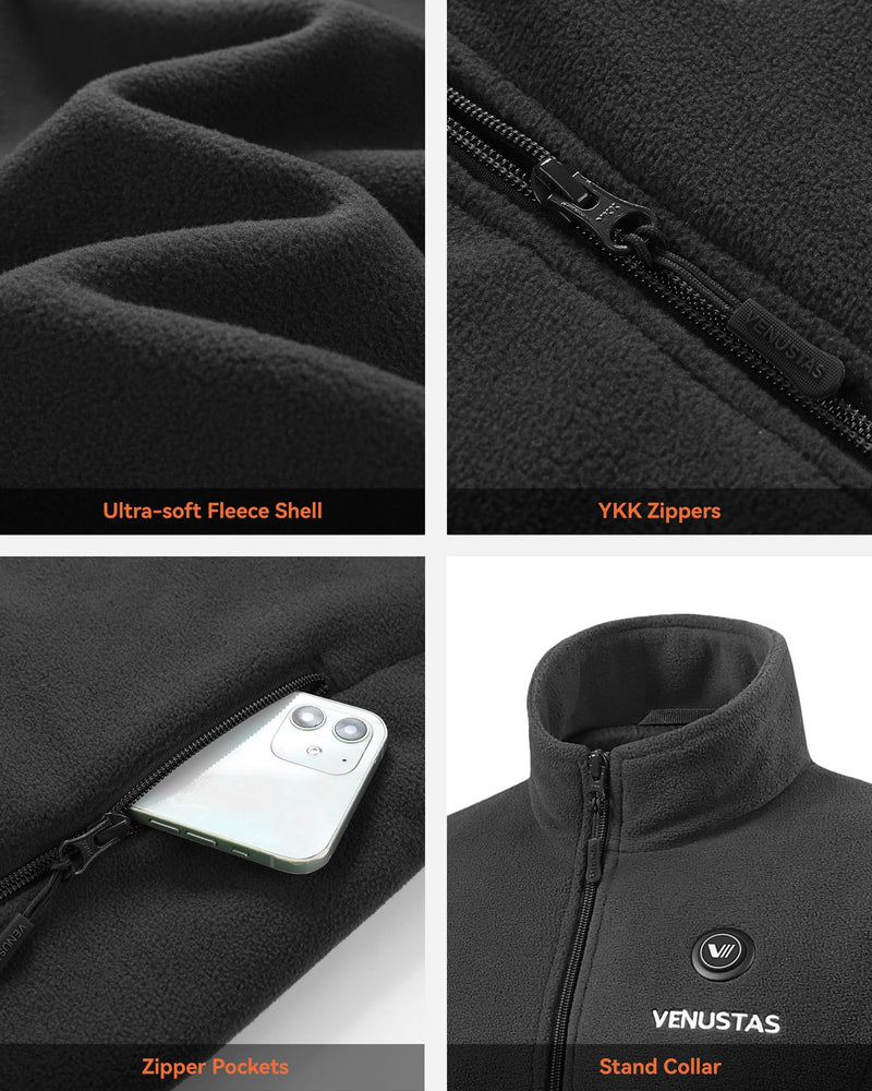 Venustas Mens Heated Jacket, Fleece with Battery Pack 7.4V, Premium Zippers (Black, S) - Like New