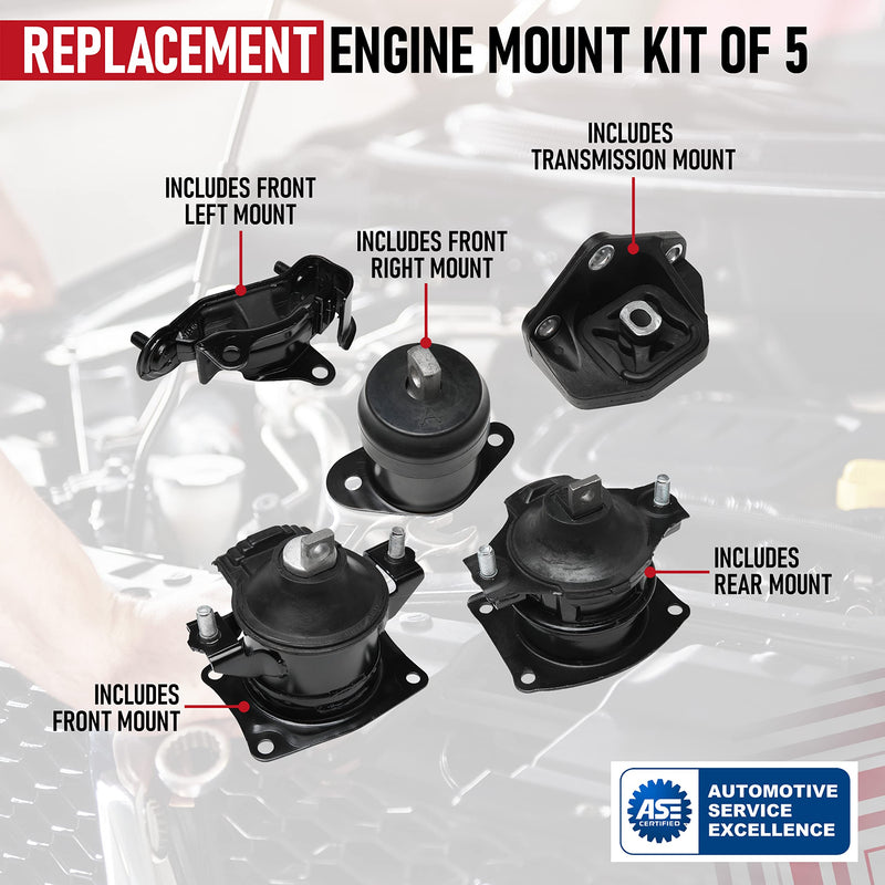 Engine Motor and Transmission Mount Set of 5 - Fits Acura TL 3.2L Automatic Transmission - Replaces A4526, A4517, A4527, A4544, A4524 - Front, Front Right, Left, Rear, Transmission Mount