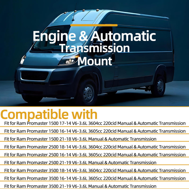 Engine Motor and Transmission Bracket Kits Fit for Ram Promaster 1500, 2500, 3500 3.6L 2014-2021, Auto Motor Engine & Trans Mount Set 4 PCS Replace OE