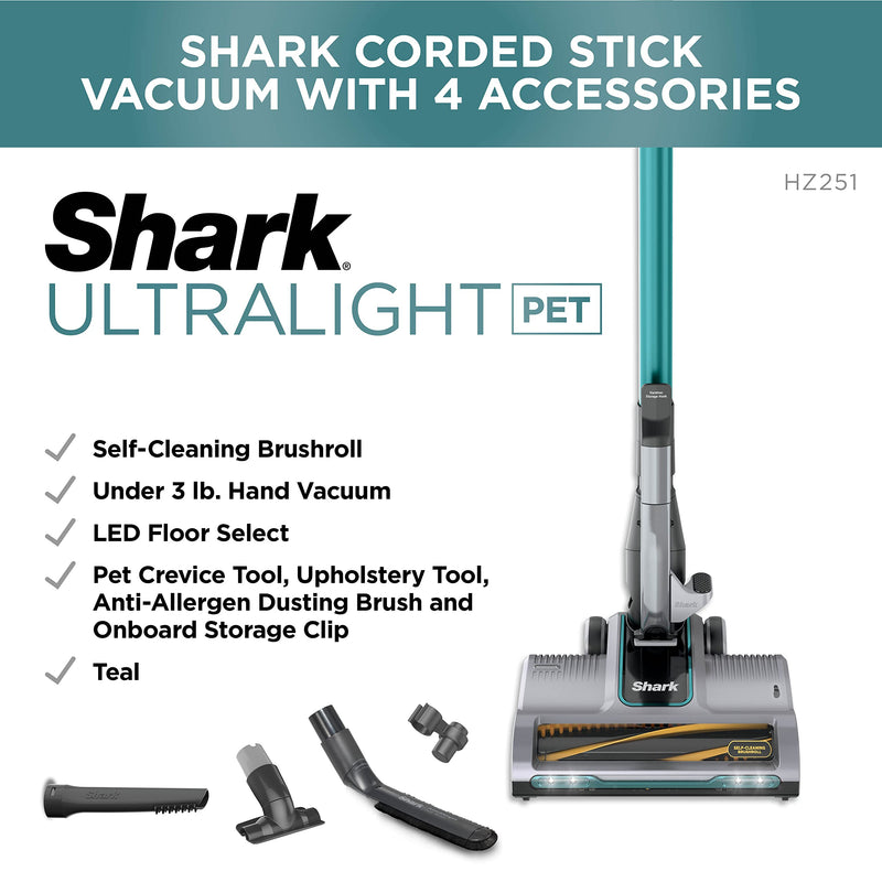 Shark HZ251 Ultralight Corded Stick Self-Cleaning Brushroll, Perfect, Converts to Hand Vacuum, LED Headlights, - Pet Crevice & Upholstery Tools, Teal.32 Quarts Capacity - Like New