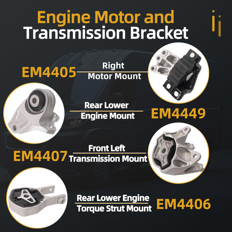 Engine Motor and Transmission Bracket Kits Fit for Ram Promaster 1500, 2500, 3500 3.6L 2014-2021, Auto Motor Engine & Trans Mount Set 4 PCS Replace OE